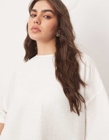 Curve Textured Boxy Woven T-Shirt White