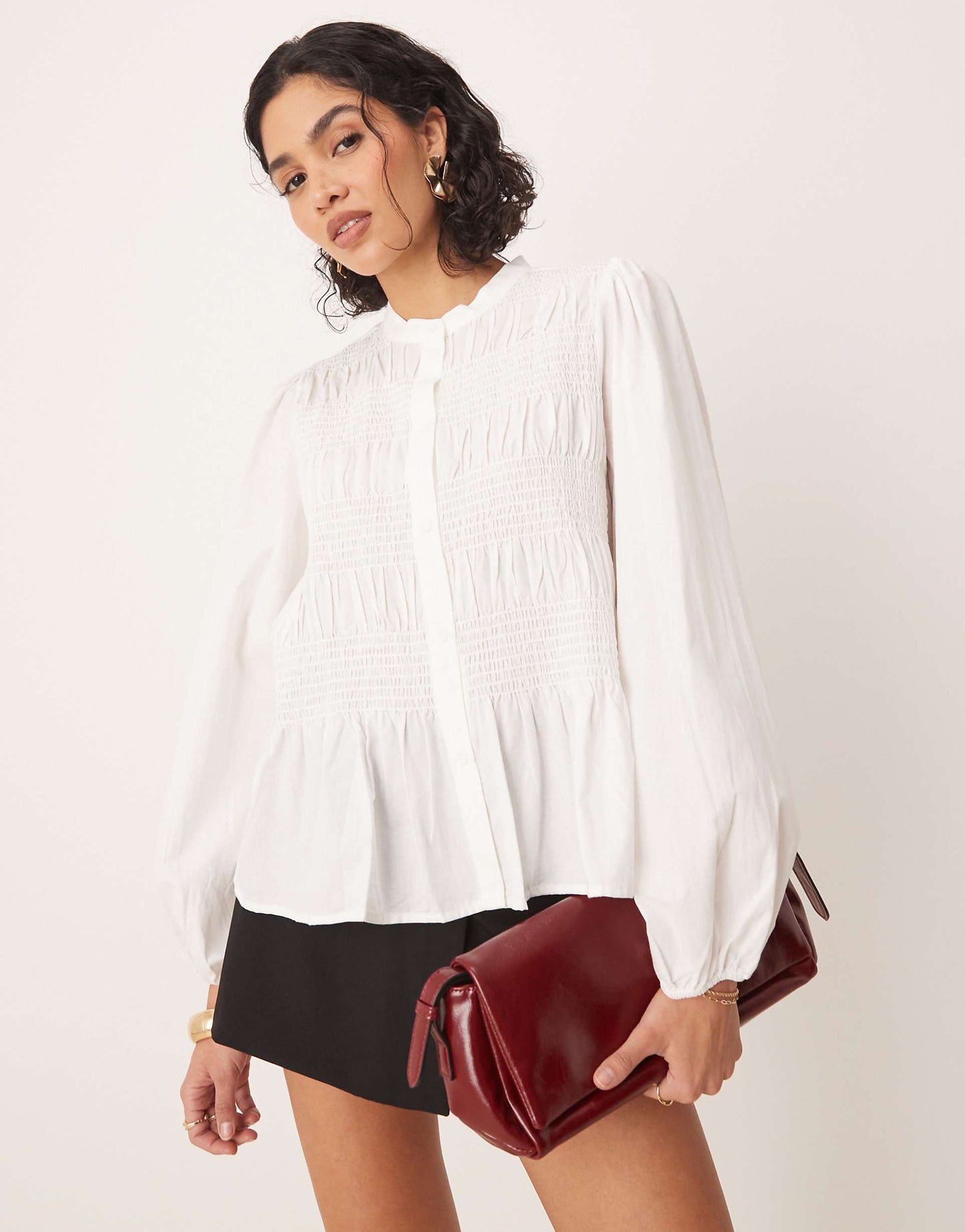 Shirred Blouson Sleeve Boho Top