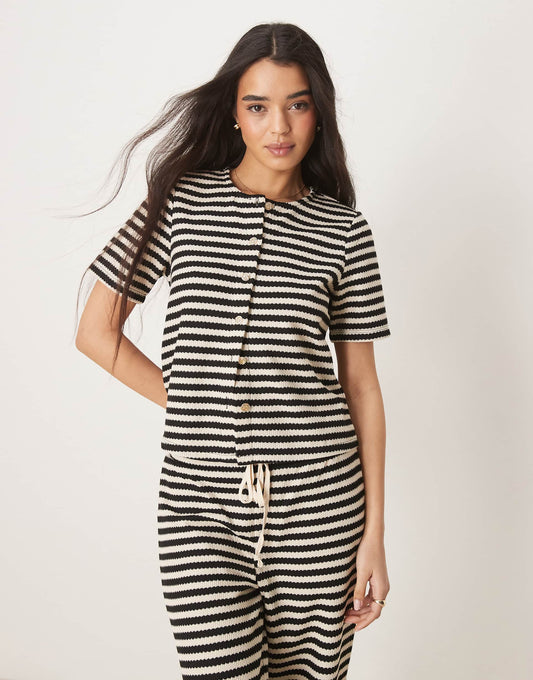 Textured Knitted Stripe Short Sleeve Button Down Top Co-Ord