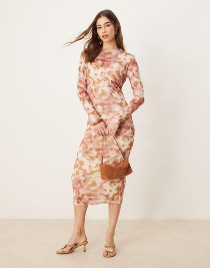 Long Sleeve Mesh Midi Dress