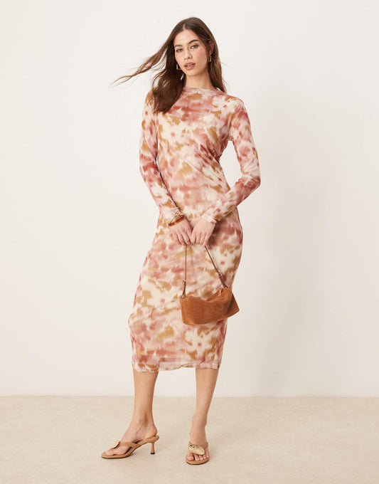Long Sleeve Mesh Midi Dress