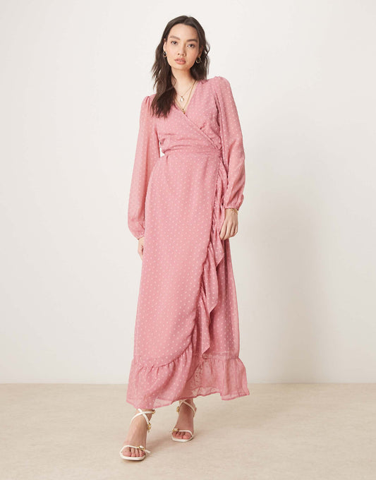 Dobby Wrap Maxi Dress With Frill Detail