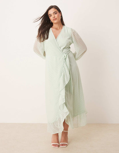 Curve Dobby Wrap Maxi Dress With Frill Detail