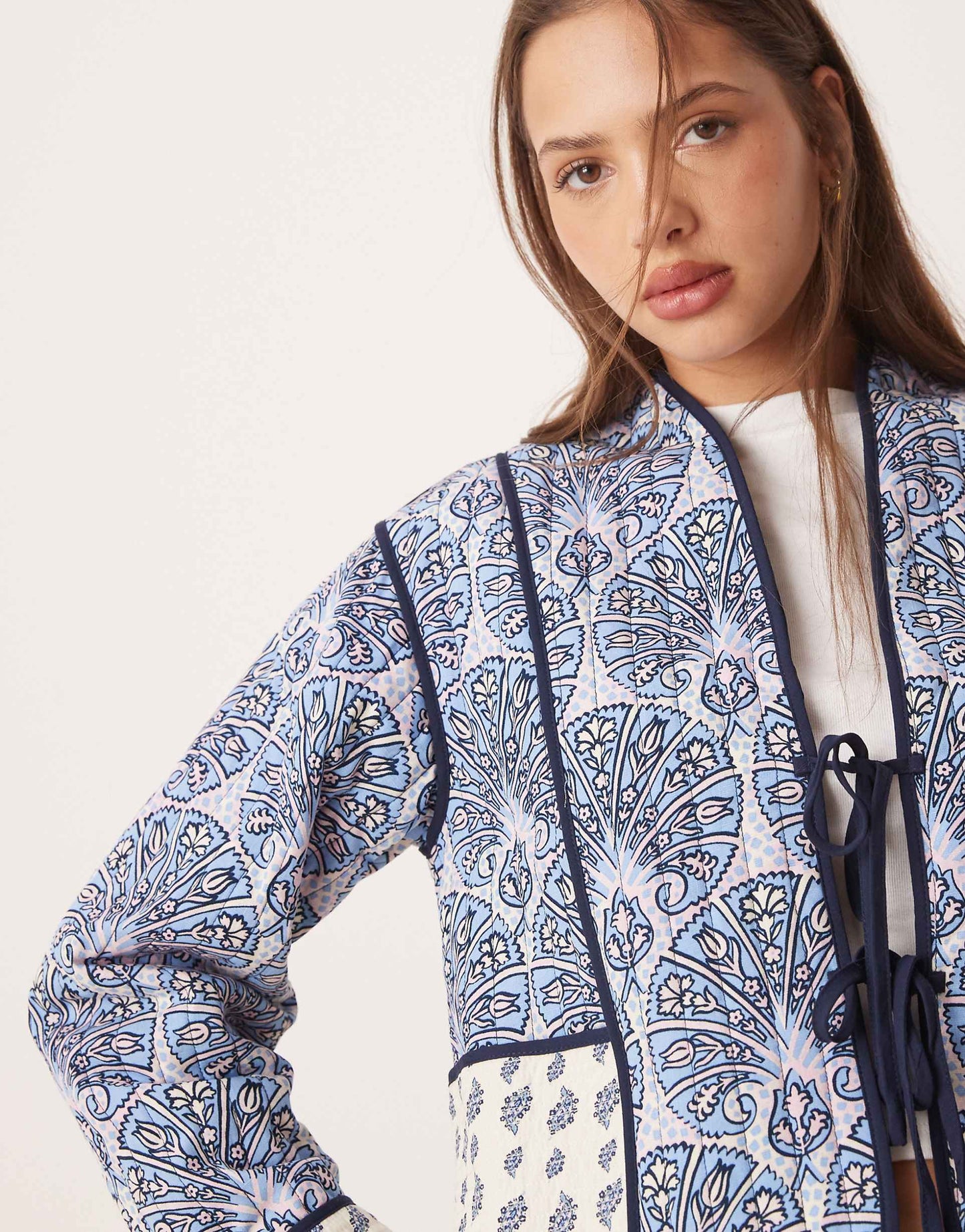 Quilted Patchwork Paisley Print Tie Front Jacket