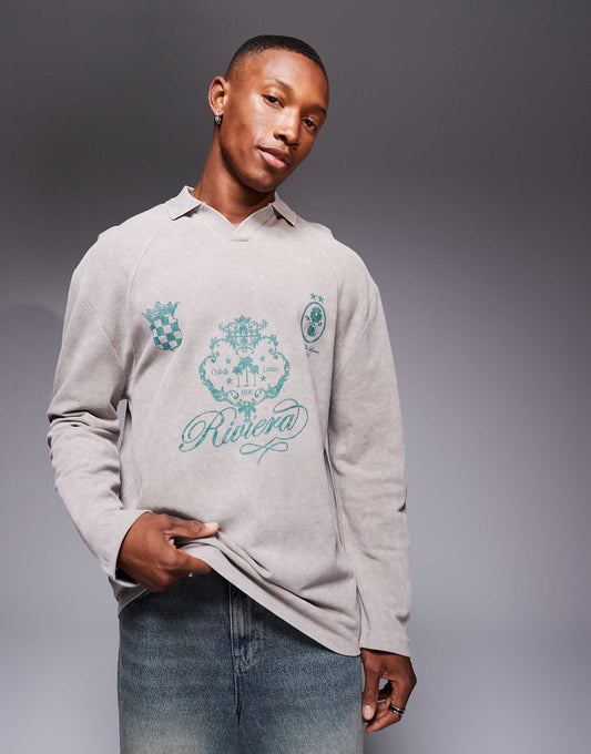 Oversized Long Sleeve Polo Shirt With Sport Graphic