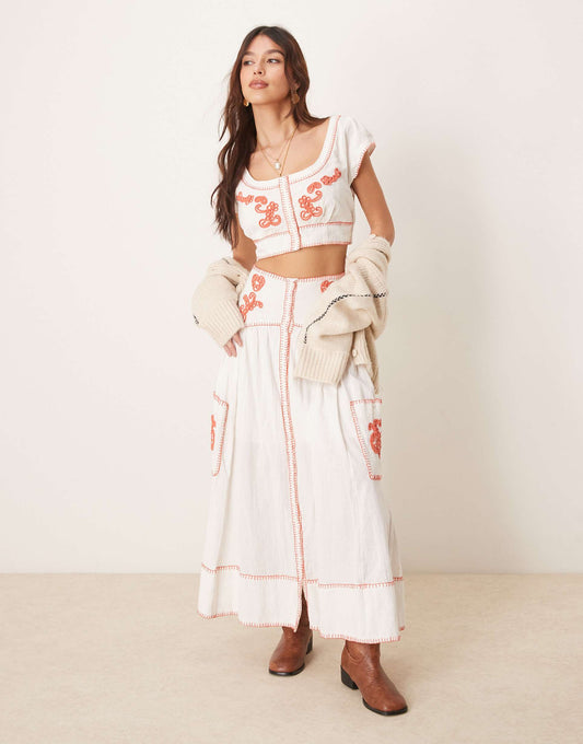 Embroidered Boho Co-Ord Skirt And Blouse Set