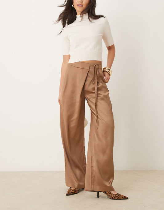 Wrap Tie Wide Leg Satin Trousers