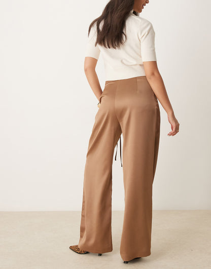 Wrap Tie Wide Leg Satin Trousers