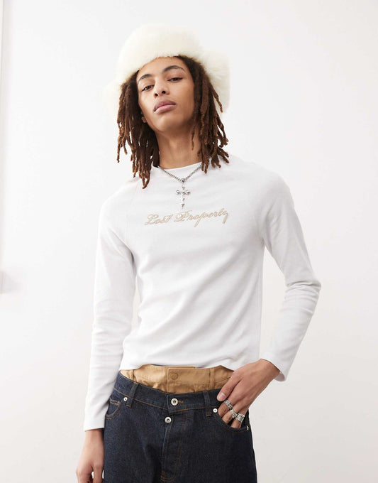 Long Sleeve Slim Fit Waffle T-Shirt With Chainstitch Print