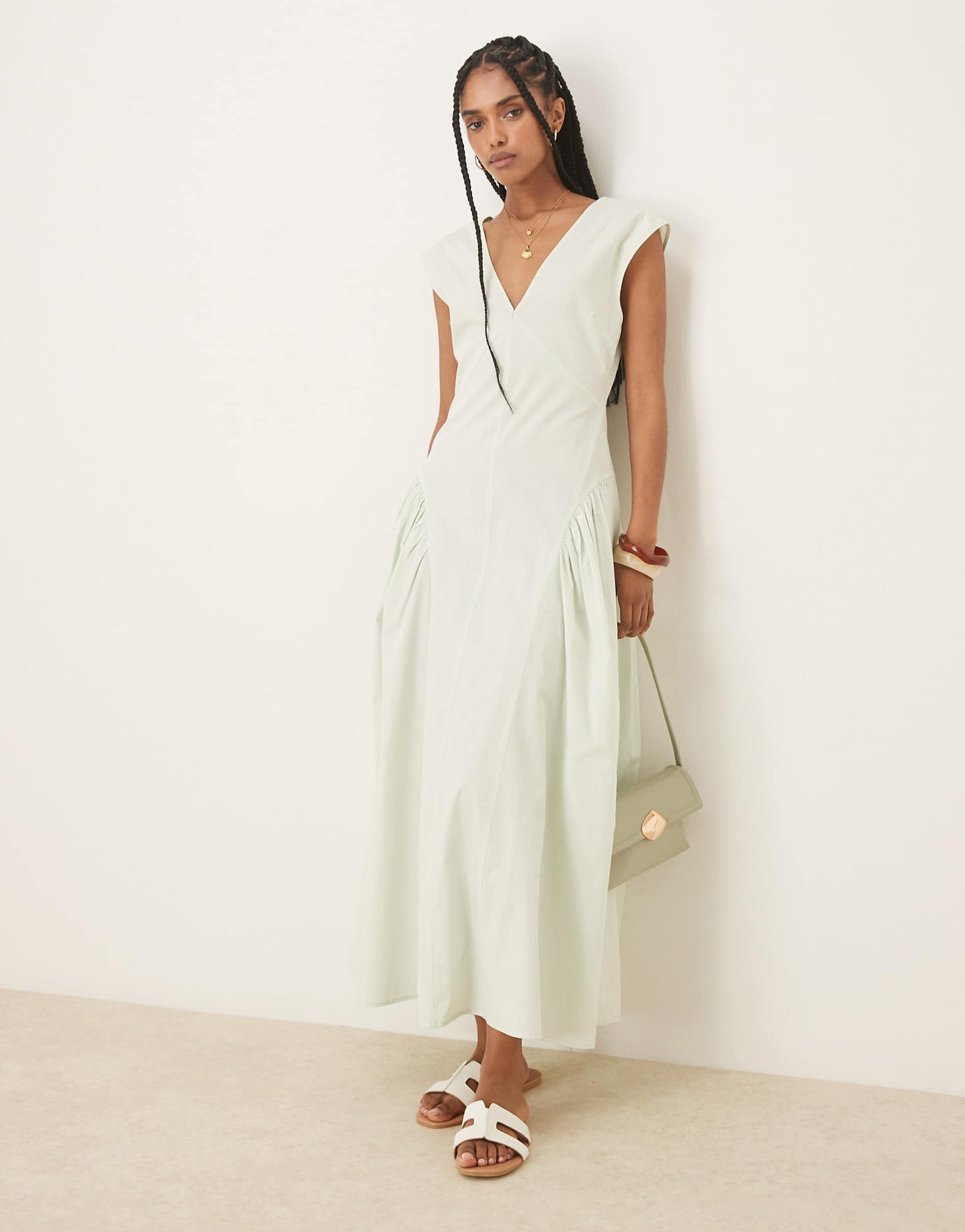 Clean V Neck Midi Dress With Pleated Godet Hem