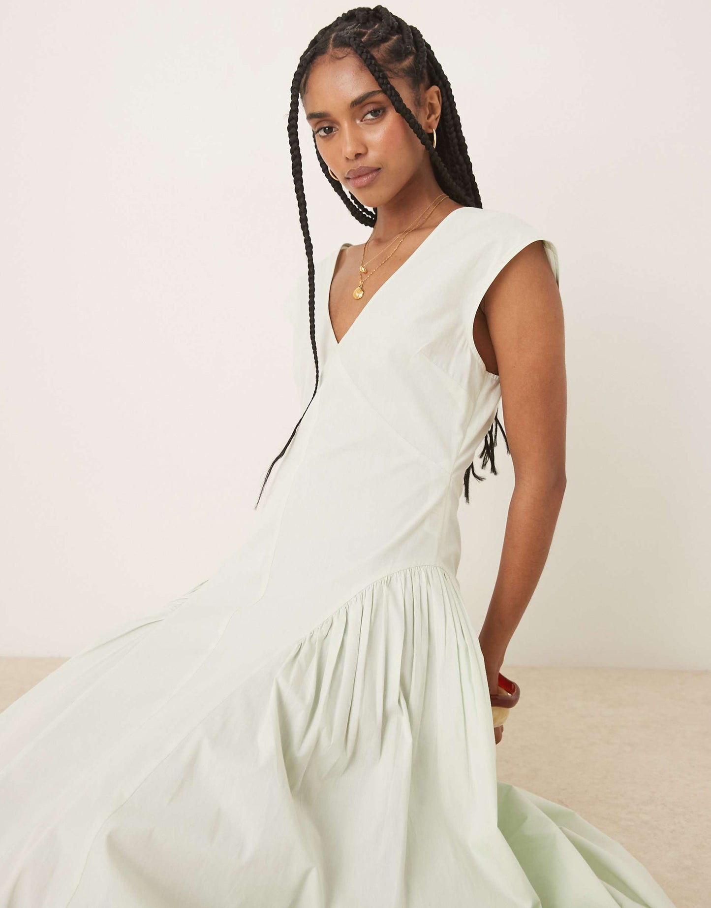 Clean V Neck Midi Dress With Pleated Godet Hem