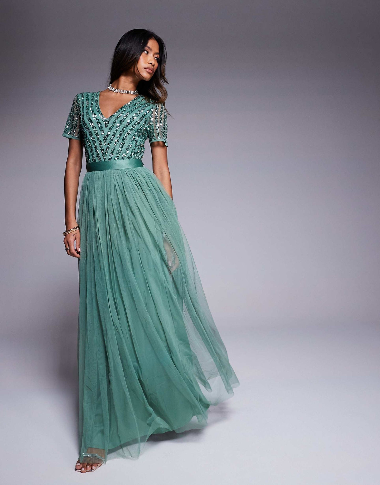 Belted Stripe Embellished Bridesmaid Maxi Dress