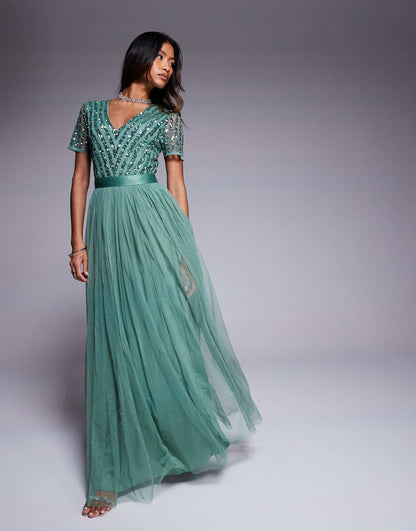 Belted Stripe Embellished Bridesmaid Maxi Dress