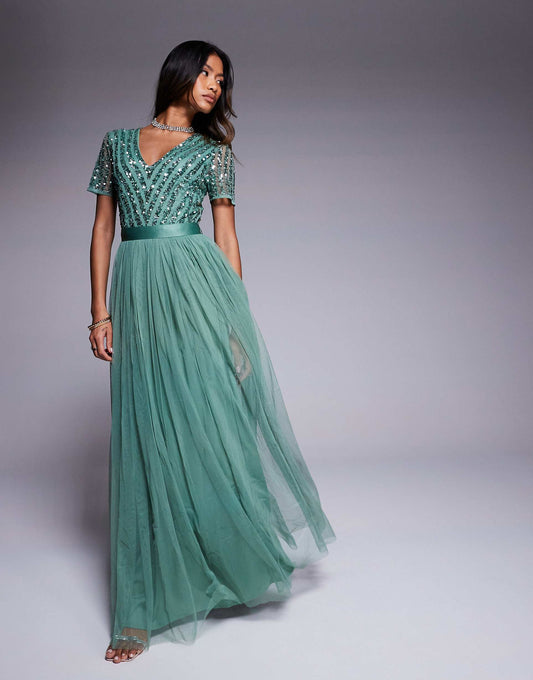 Belted Stripe Embellished Bridesmaid Maxi Dress