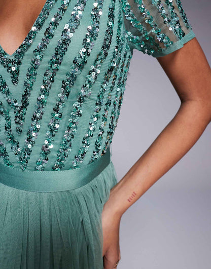 Belted Stripe Embellished Bridesmaid Maxi Dress