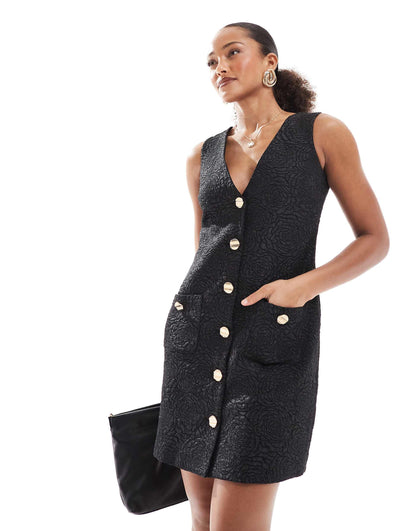 Rose Jacquard Button Up Pinafore Dress