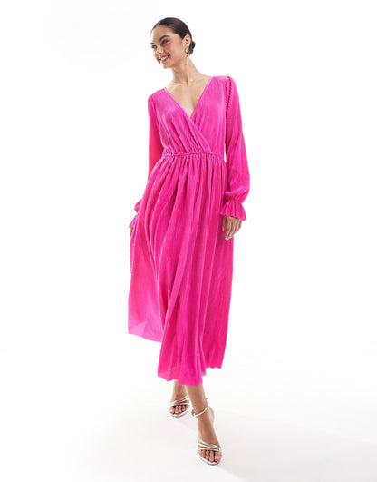 Plisse Long Sleeve Midaxi Dress