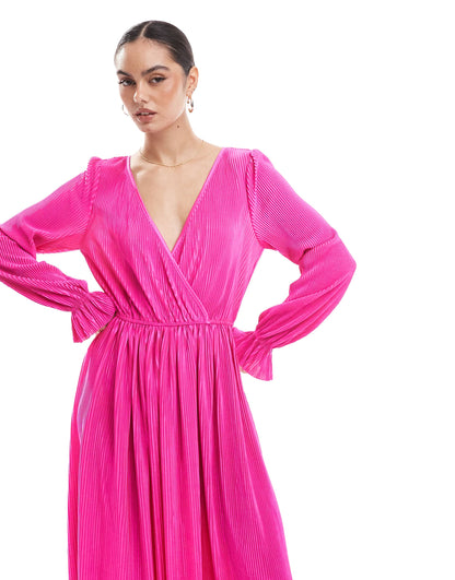 Plisse Long Sleeve Midaxi Dress