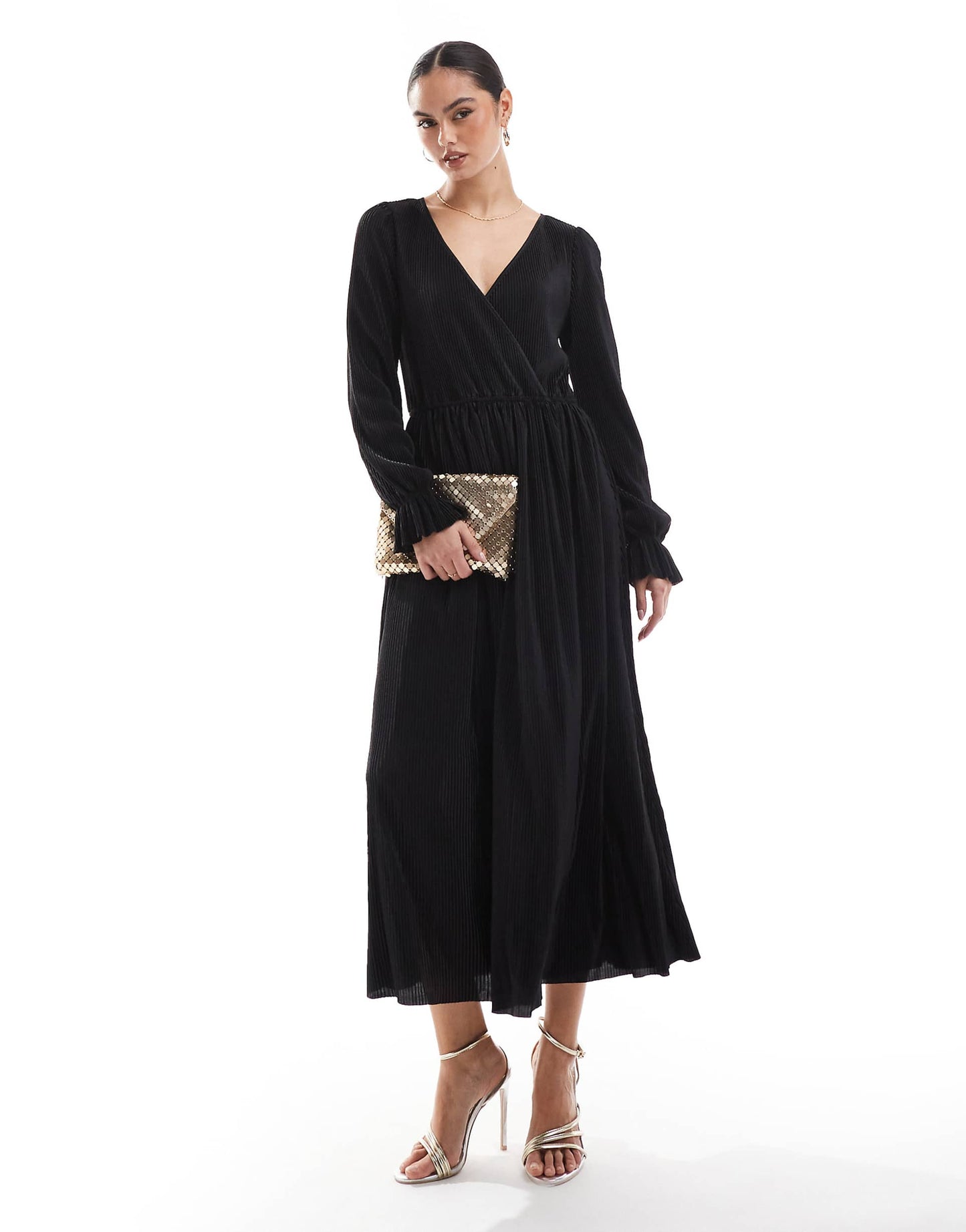Plisse Long Sleeve Midaxi Dress