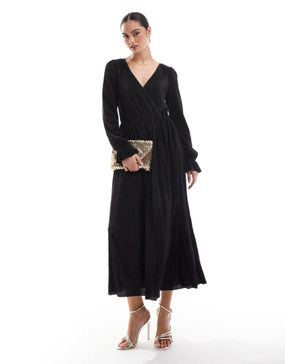 Plisse Long Sleeve Midaxi Dress