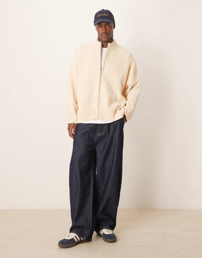 Super Oversized Boxy Fit Brushed Knitted Zip Through Cardigan