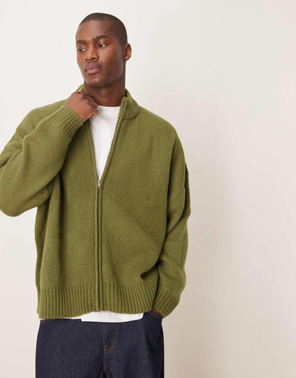 Super Oversized Boxy Fit Brushed Knitted Zip Through Cardigan