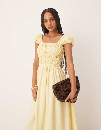 Square Neck Short Sleeve Midi Dress With Cinched Channel Waist