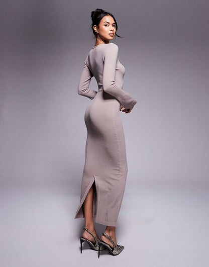 Fine Knit Bodycon Flare Sleeve Maxi Dress