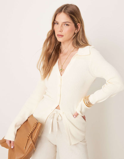 Rib V Neck Collared Cardigan