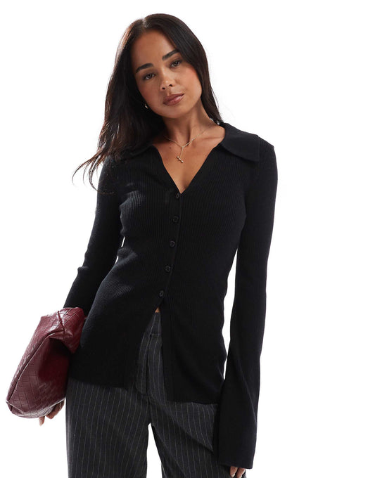 Rib V Neck Collared Cardigan