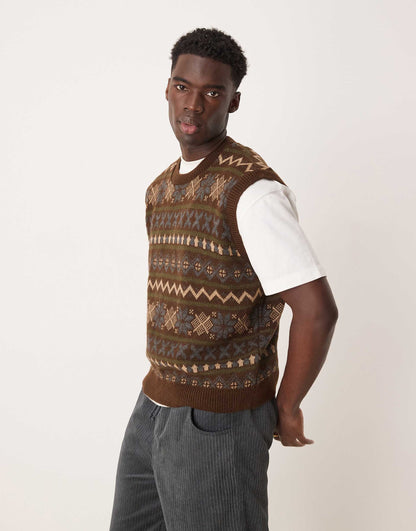Oversized Boxy Fit Knitted Vest With Aztec Pattern
