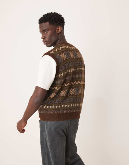 Oversized Boxy Fit Knitted Vest With Aztec Pattern