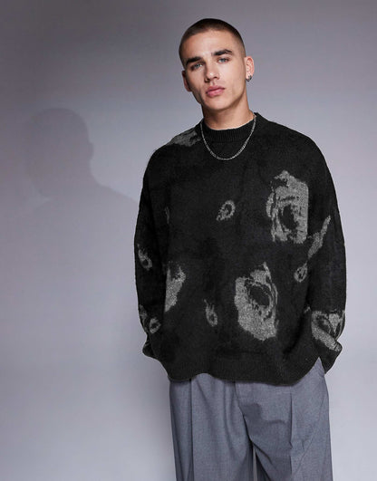 Super Oversized Boxy Fit Brushed Knitted Crew Neck Jumper With Floral Pattern