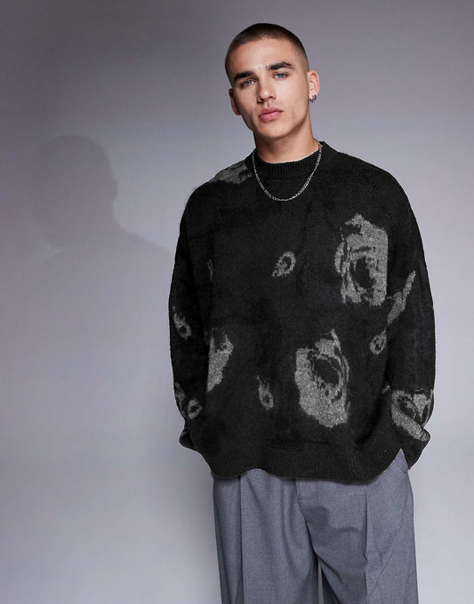 Super Oversized Boxy Fit Brushed Knitted Crew Neck Jumper With Floral Pattern