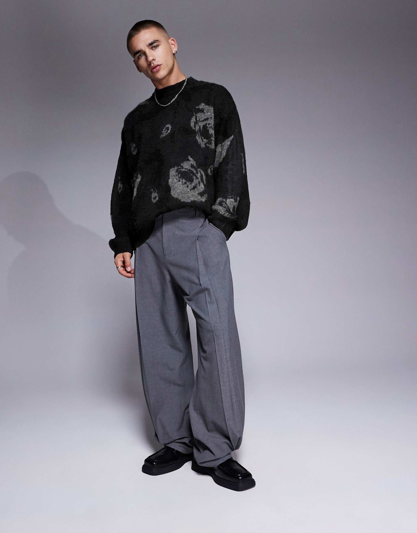 Super Oversized Boxy Fit Brushed Knitted Crew Neck Jumper With Floral Pattern