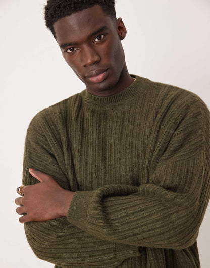 Super Oversized Boxy Fit Knitted Ribbed Crew Neck Jumper