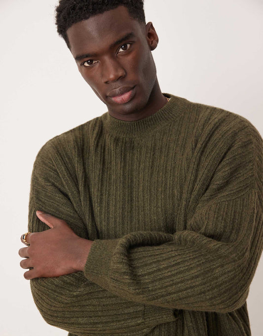 Super Oversized Boxy Fit Knitted Ribbed Crew Neck Jumper