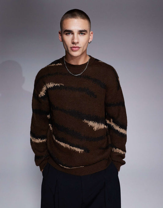 Relaxed Brushed Knitted Crew Neck Jumper With Animal Pattern