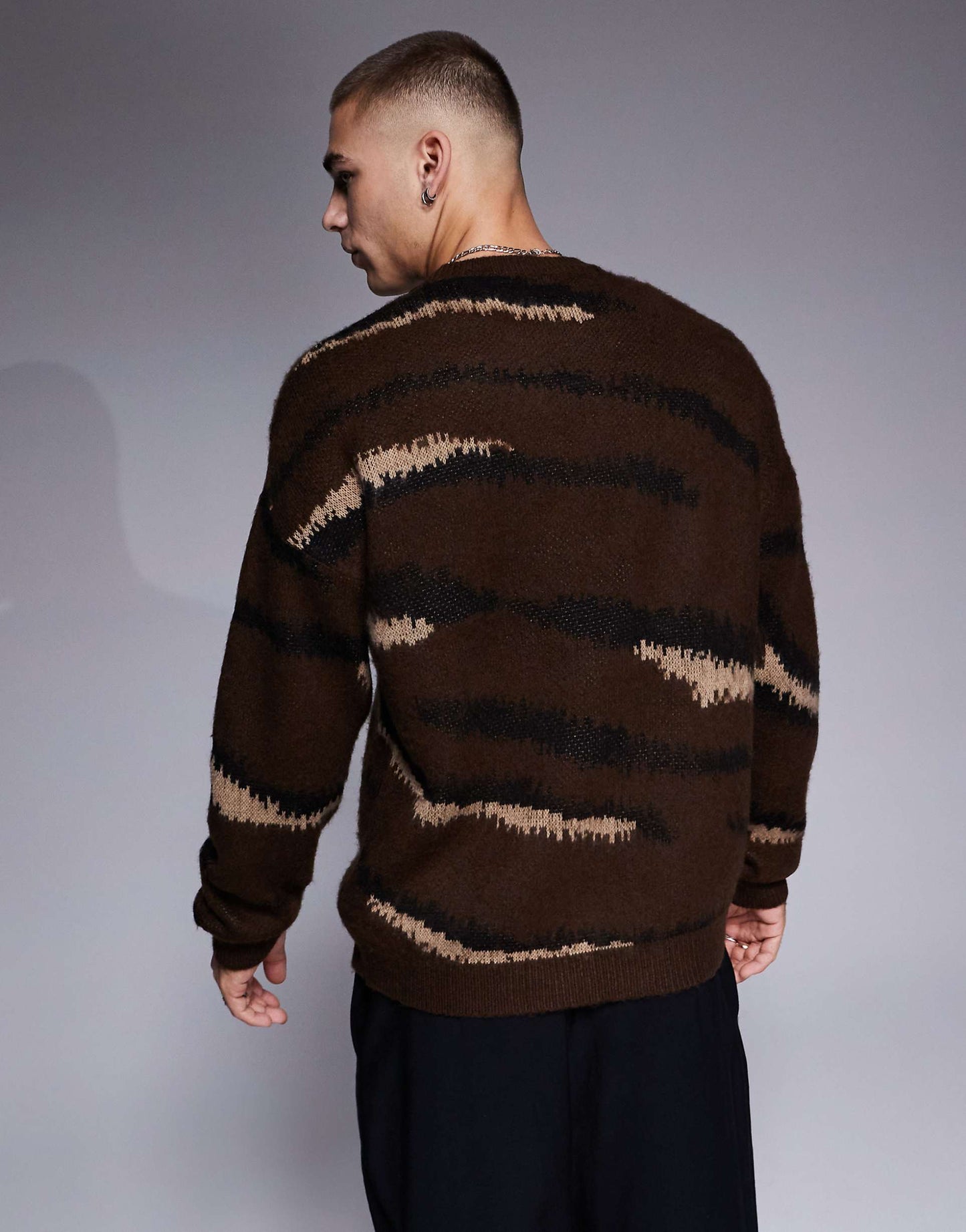 Relaxed Brushed Knitted Crew Neck Jumper With Animal Pattern