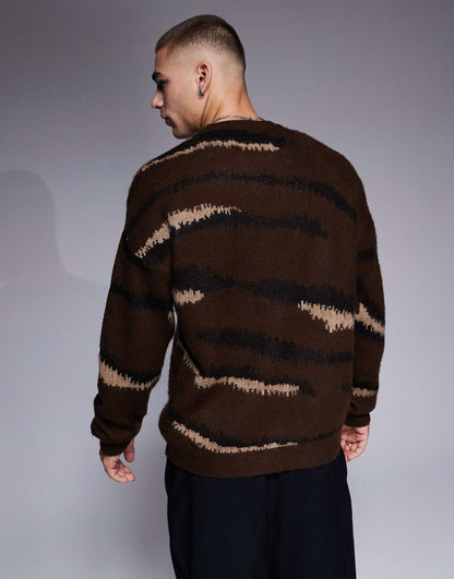 Relaxed Brushed Knitted Crew Neck Jumper With Animal Pattern