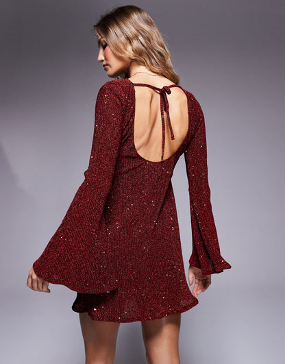 Angel Sleeve Sequin Mini Dress With Low Back