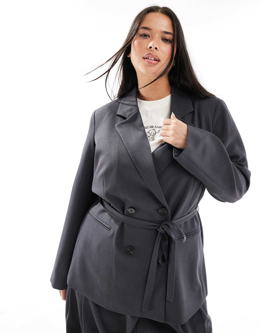 Curve Double Breasted Tie Waist Blazer Co-Ord