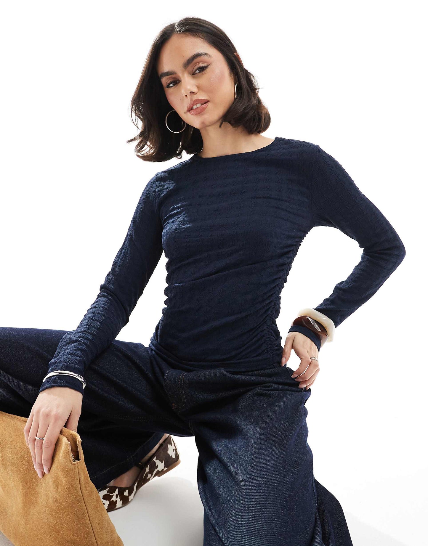 Textured Ruched Long Sleeve Top