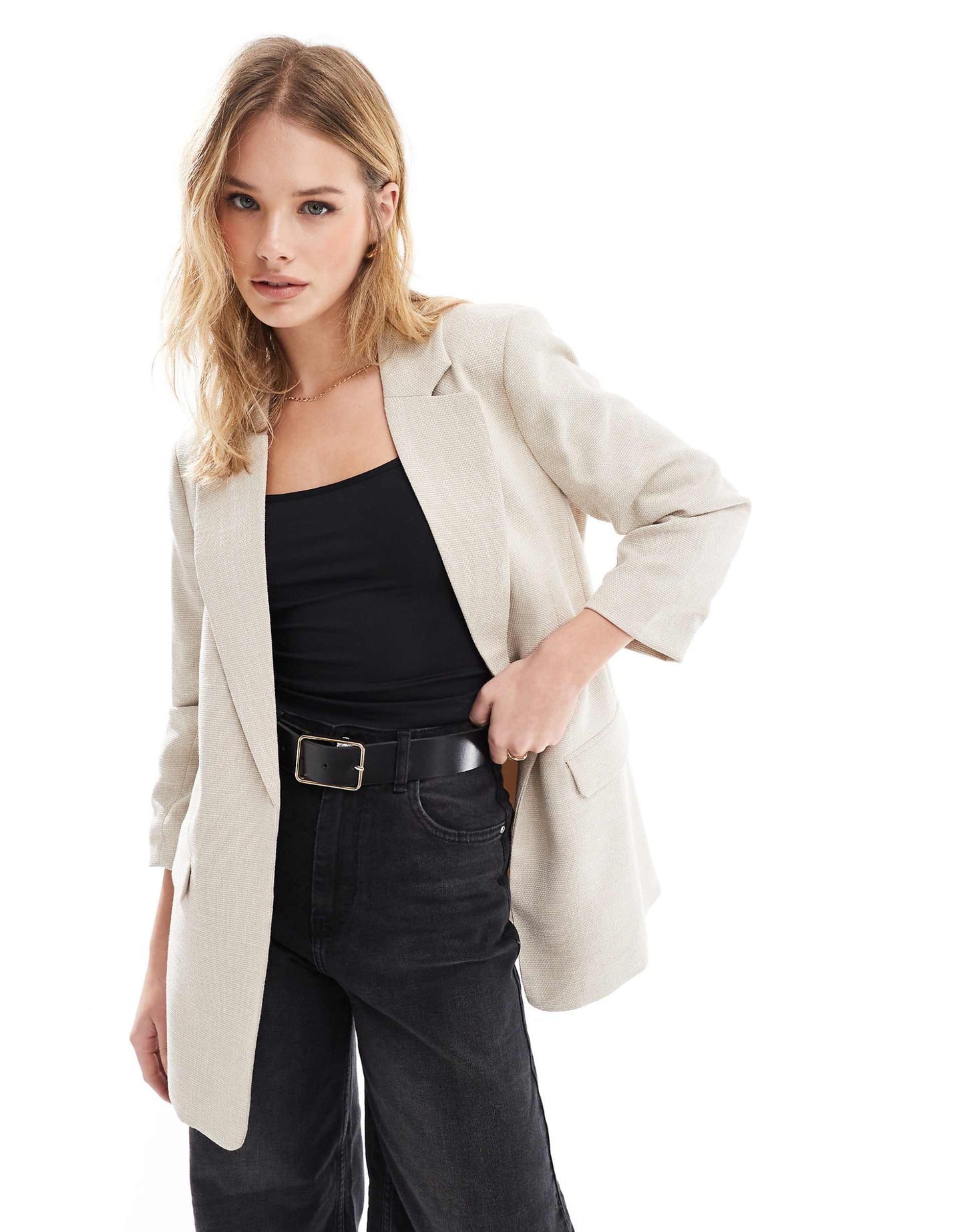 Textured Blazer With Ruched Sleeve