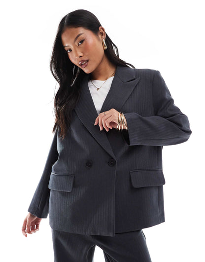 Petite Tailored Herringbone Blazer And Wide Leg Trousers Set