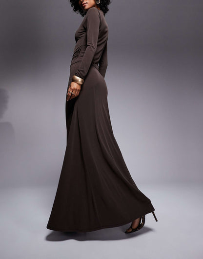 Co-Ord Slinky Ruched Side Maxi Skirt With Godet