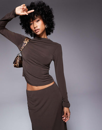 Co-Ord Slinky Ruched Mock Neck Long Sleeve Top