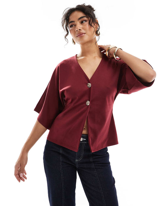 Ponte Short Sleeve Cardigan With Gold Button