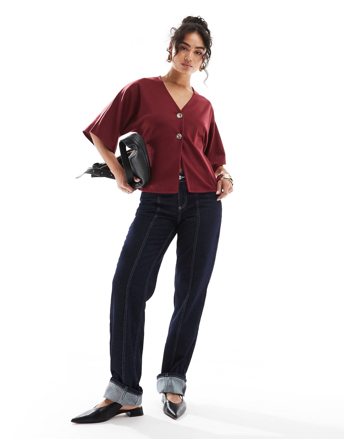 Ponte Short Sleeve Cardigan With Gold Button