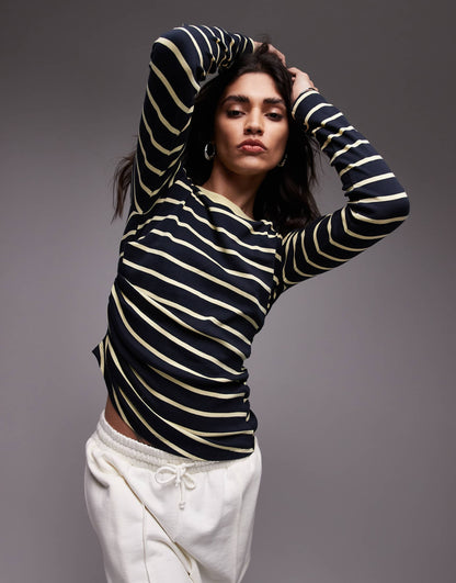 Stripe Hitched Side Long Sleeve Top